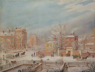 Marylebone Road an der Kreuzung mit Lisson Grove und Stingo Lane, zeigt die Philologische Schule im Winter, 1849